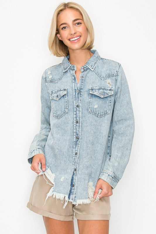Risen Distressed Denim Shirt- Acid Light