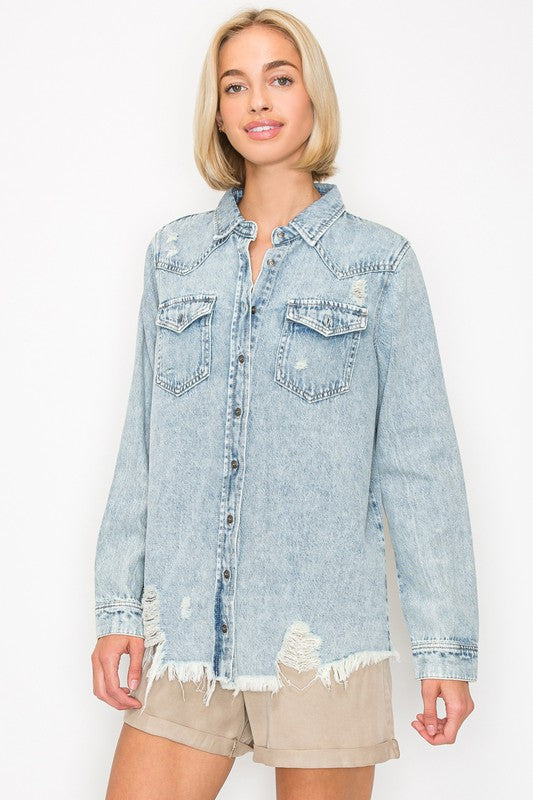 Risen Distressed Denim Shirt- Acid Light