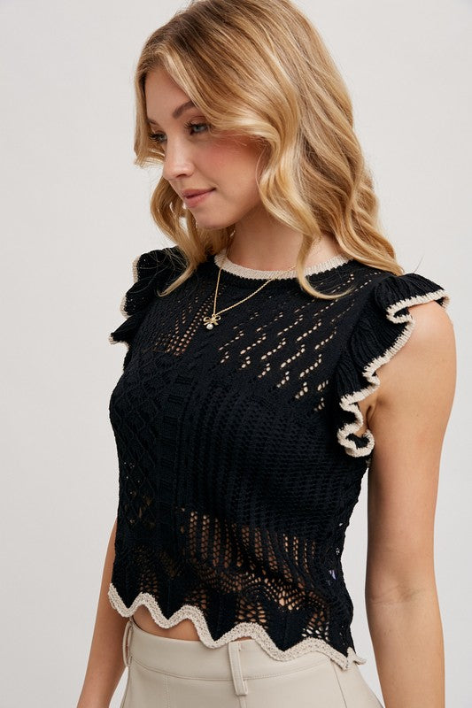 The Mabel Crochet Knit Ruffle Tank – Black Sleeveless Eyelet To