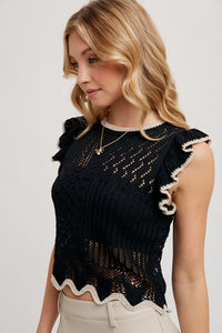 The Mabel Crochet Knit Ruffle Tank – Black Sleeveless Eyelet To