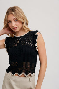 The Mabel Crochet Knit Ruffle Tank – Black Sleeveless Eyelet To