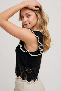 The Mabel Crochet Knit Ruffle Tank – Black Sleeveless Eyelet To