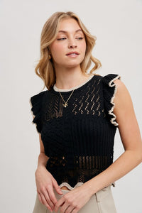 The Mabel Crochet Knit Ruffle Tank – Black Sleeveless Eyelet To