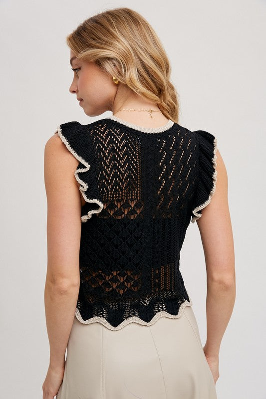The Mabel Crochet Knit Ruffle Tank – Black Sleeveless Eyelet To
