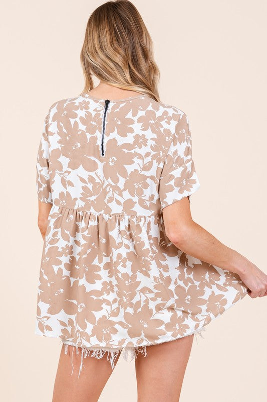 Beverly Peplum Short Sleeve Floral Print Blouse: Taupe