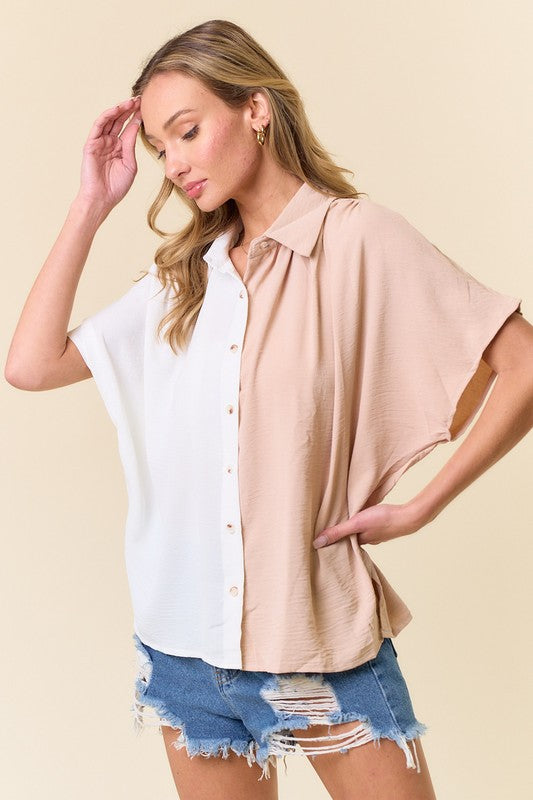 Helena Two Tone Button Down Short Sleeve Blouse: Off White/ Taupe