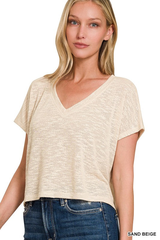 The Monroe Slub Knit V-Neck Crop Top – Lightweight Casual Tee