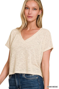 The Monroe Slub Knit V-Neck Crop Top – Lightweight Casual Tee