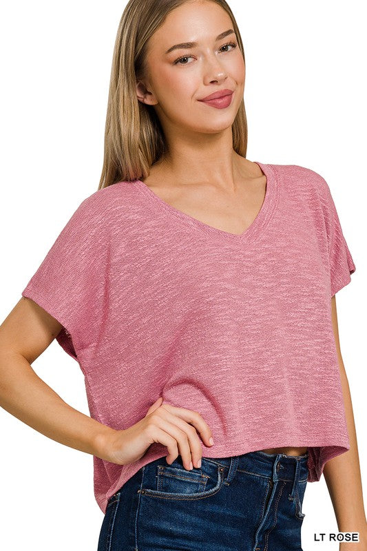 The Monroe Slub Knit V-Neck Crop Top – Lightweight Casual Tee