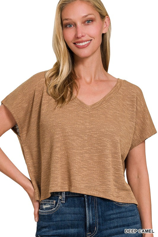 The Monroe Slub Knit V-Neck Crop Top – Lightweight Casual Tee