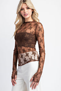 Midnight Garden Lace Mock Neck Top – Sheer Long Sleeve Layering Blouse