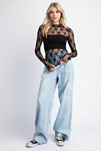 Midnight Garden Lace Mock Neck Top – Sheer Long Sleeve Layering Blouse