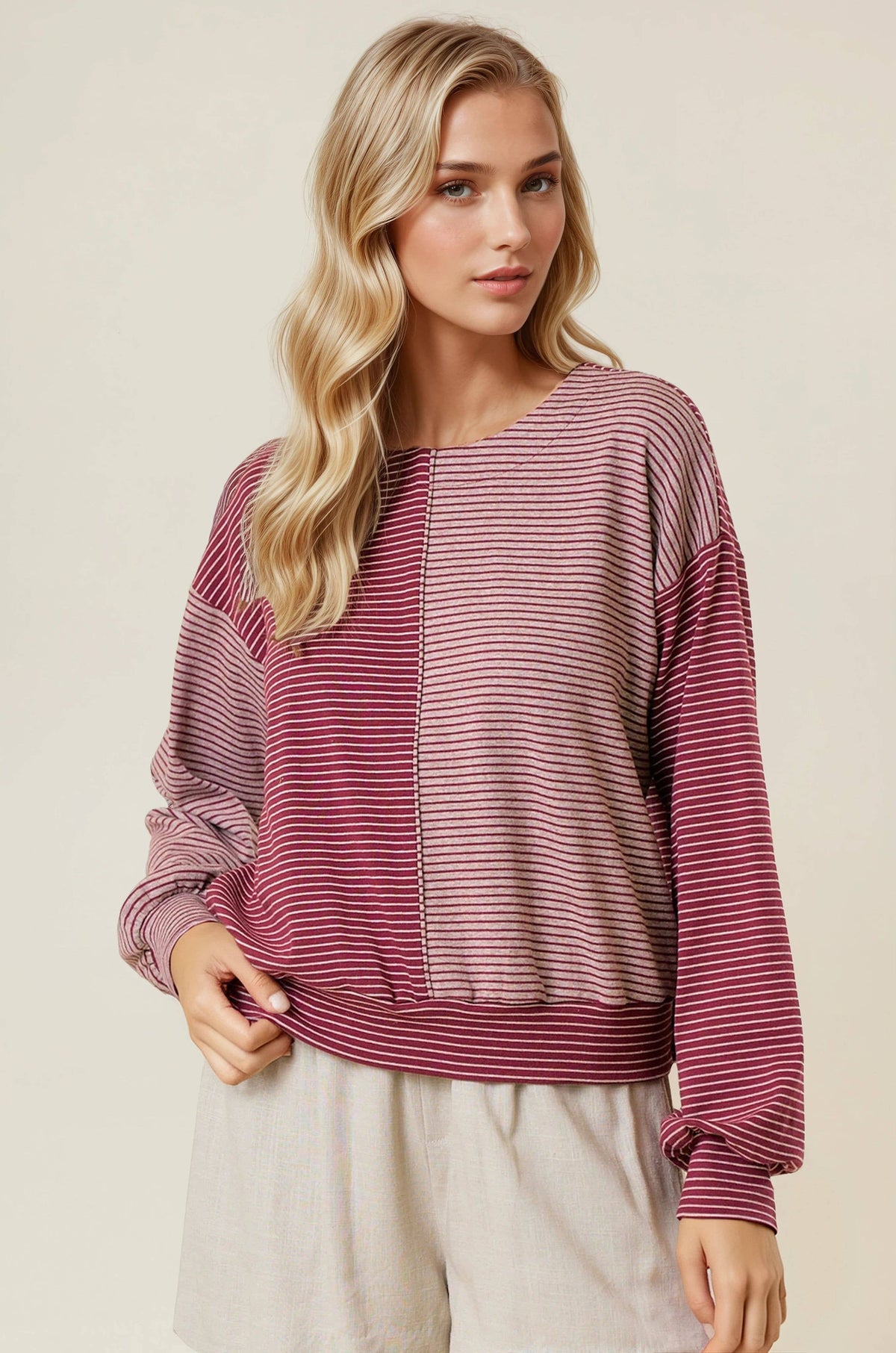 The Tessa Two-Tone Stripe Top – Charcoal/Wheat Mix