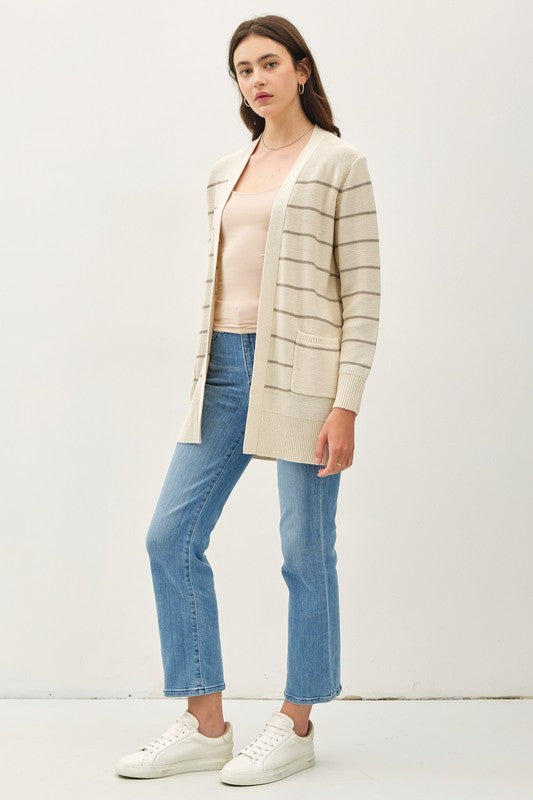 Clara Striped Open Front Cardigan – Neutral Knit Sweater with Pockets