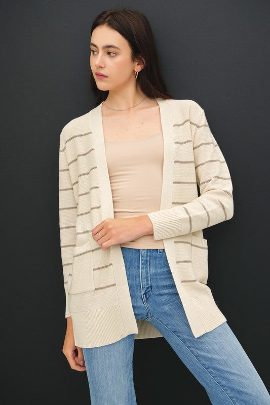 Clara Striped Open Front Cardigan – Neutral Knit Sweater with Pockets