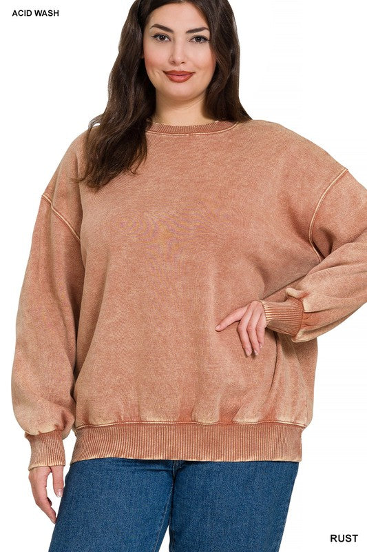 Soft and Cozy Acid Wash Fleece Pullover – Oversized Crewneck Sweatshirt (Ash Mocha, Rust, Forest, Ash Blue, Brown, Blue Grey) | S–3X