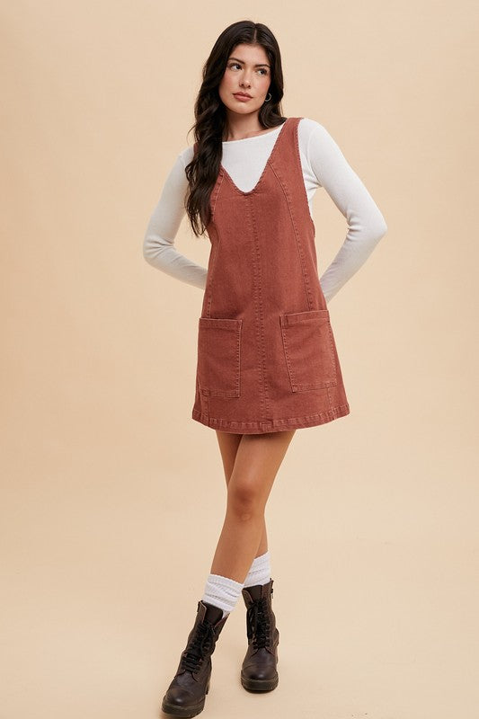 Maple Stretched Denim Overall Mini Dress – Adjustable Strap Pinafore with Pockets