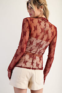 Midnight Garden Lace Mock Neck Top – Sheer Long Sleeve Layering Blouse