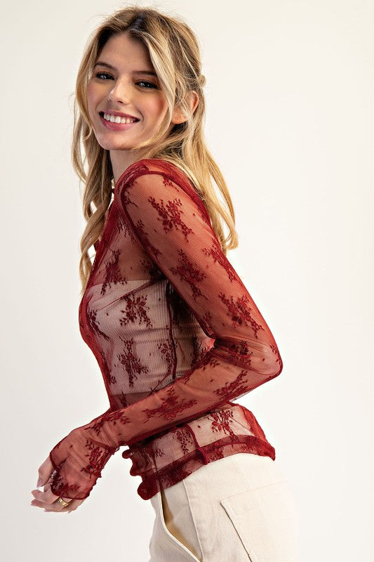 Midnight Garden Lace Mock Neck Top – Sheer Long Sleeve Layering Blouse