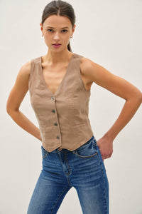 The Delaney Washed Button-Up Vest – Tencel Tailored Fit in Sandstone, Coal, & Clay Rose