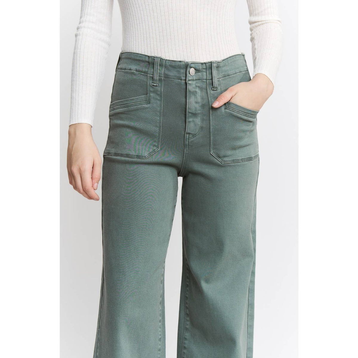 Mica Denim Remi High Rise Wide Leg Jeans – Sage Green Vintage Wash Stretch Denim
