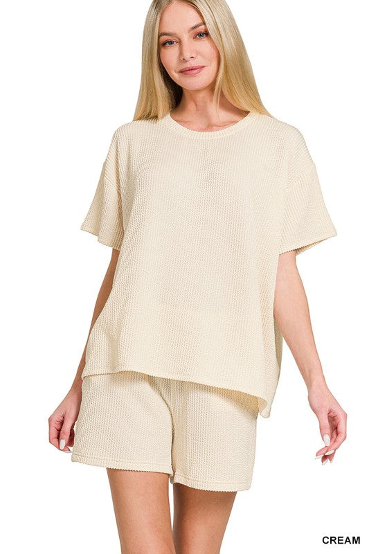 Weekend Vibes Lounge Set – Corded Rib Knit Tee & Pocket Shorts