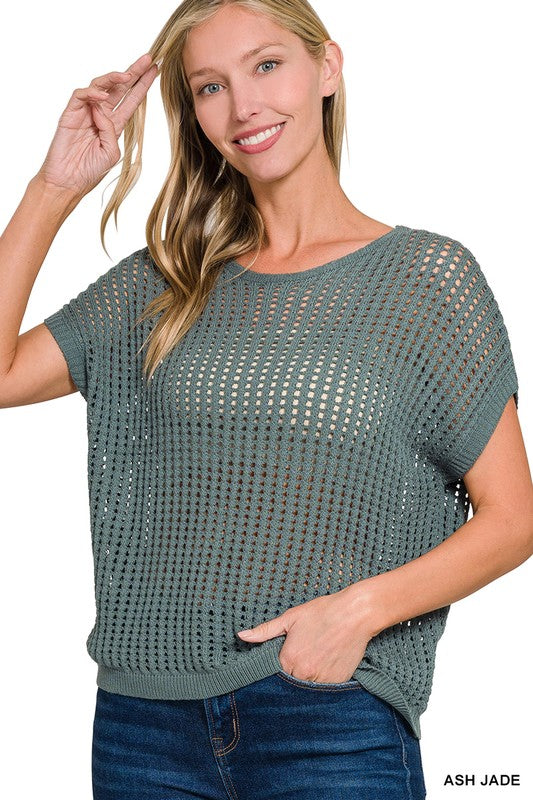 The Delaney Crochet Knit Sweater –Open Knit Lightweight Short Sleeve Top