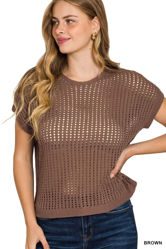 The Delaney Crochet Knit Sweater –Open Knit Lightweight Short Sleeve Top