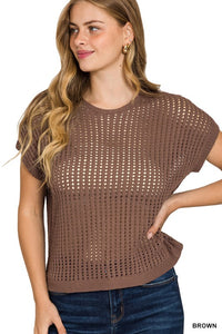 The Delaney Crochet Knit Sweater –Open Knit Lightweight Short Sleeve Top