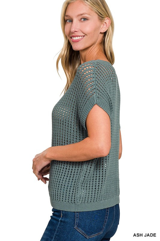 The Delaney Crochet Knit Sweater –Open Knit Lightweight Short Sleeve Top