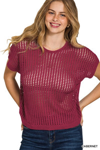 The Delaney Crochet Knit Sweater –Open Knit Lightweight Short Sleeve Top