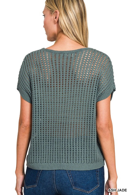 The Delaney Crochet Knit Sweater –Open Knit Lightweight Short Sleeve Top