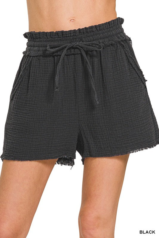 Sawyer Double Gauze Shorts | Black Drawstring Shorts with Raw Hem Detail
