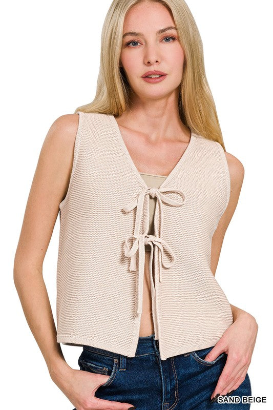 Hadley Tie-Front Sweater Vest – Soft Cotton Knit Layering Top (Brown, Caramel, Ash Jade, Sand Beige)