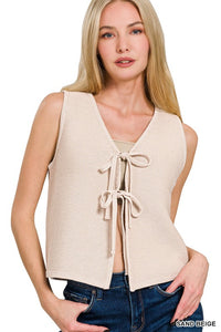 Hadley Tie-Front Sweater Vest – Soft Cotton Knit Layering Top (Brown, Caramel, Ash Jade, Sand Beige)