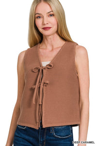 Hadley Tie-Front Sweater Vest – Soft Cotton Knit Layering Top (Brown, Caramel, Ash Jade, Sand Beige)