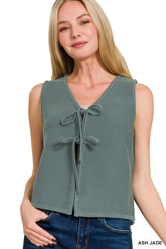 Hadley Tie-Front Sweater Vest – Soft Cotton Knit Layering Top (Brown, Caramel, Ash Jade, Sand Beige)