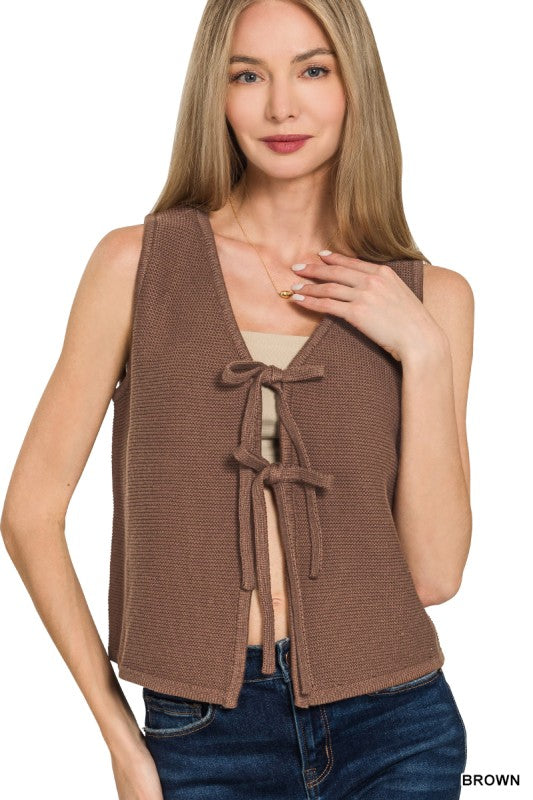 Hadley Tie-Front Sweater Vest – Soft Cotton Knit Layering Top (Brown, Caramel, Ash Jade, Sand Beige)