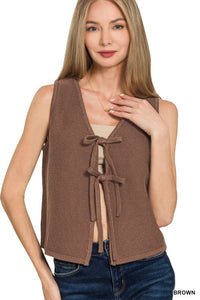 Hadley Tie-Front Sweater Vest – Soft Cotton Knit Layering Top (Brown, Caramel, Ash Jade, Sand Beige)