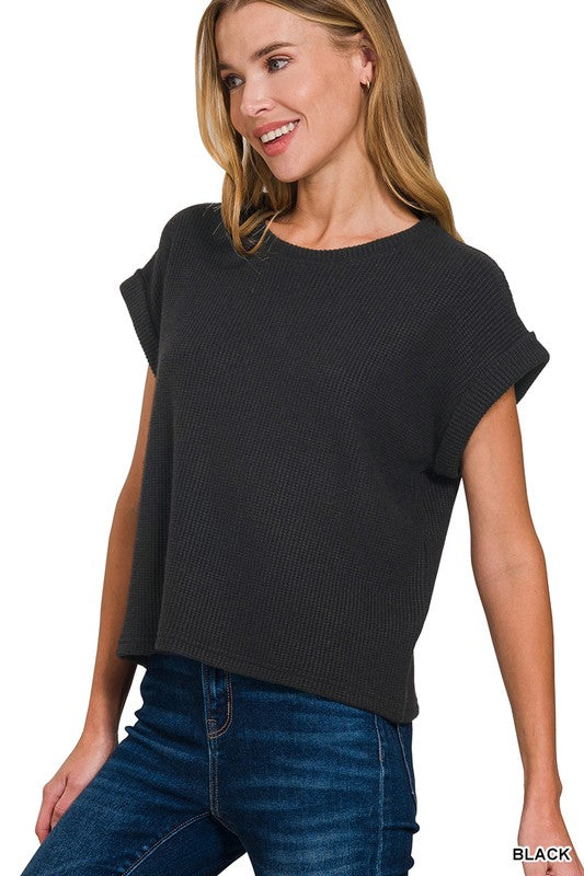 The Raylee Rolled Sleeve Crew Neck Sweater Tee – Short Sleeve Lightweight Knit Top