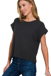 The Raylee Rolled Sleeve Crew Neck Sweater Tee – Short Sleeve Lightweight Knit Top