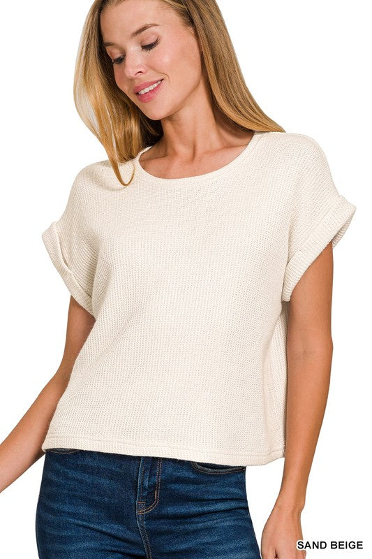 The Raylee Rolled Sleeve Crew Neck Sweater Tee – Short Sleeve Lightweight Knit Top