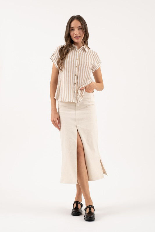 June Casual Stripe Button Down Short Sleeve Blouse