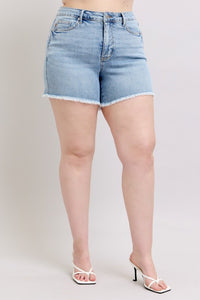 Judy Blue Plus Size Comfort Stretch Mid-Rise Stretch Denim Shorts – Light Wash | Frayed Hem
