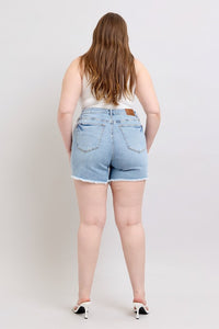 Judy Blue Plus Size Comfort Stretch Mid-Rise Stretch Denim Shorts – Light Wash | Frayed Hem