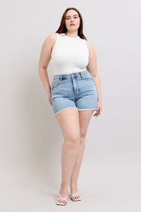 Judy Blue Plus Size Comfort Stretch Mid-Rise Stretch Denim Shorts – Light Wash | Frayed Hem
