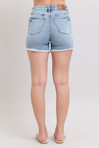 Judy Blue Comfort Stretch Mid-Rise Stretch Denim Shorts – Light Wash | Frayed Hem