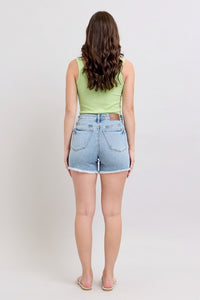 Judy Blue Comfort Stretch Mid-Rise Stretch Denim Shorts – Light Wash | Frayed Hem