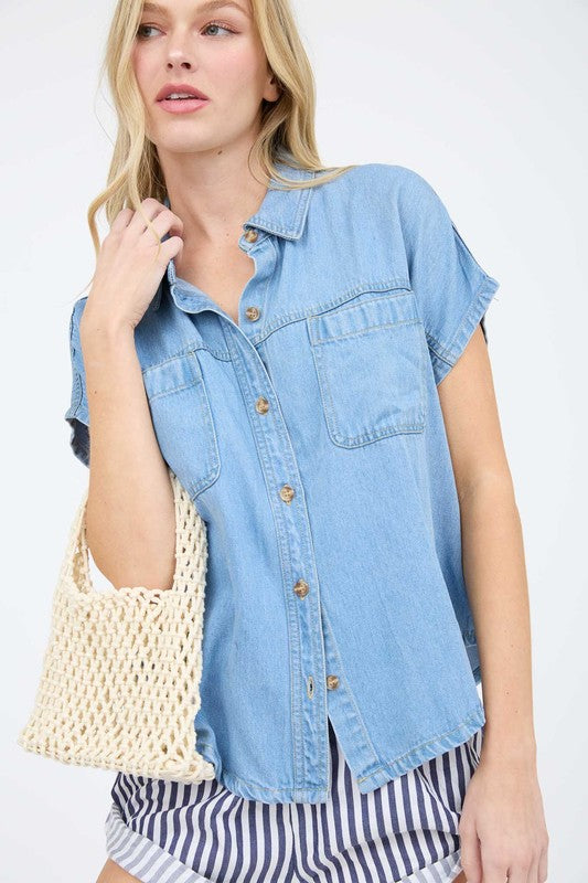 Taryn Chambray Collared Button Down Blouse