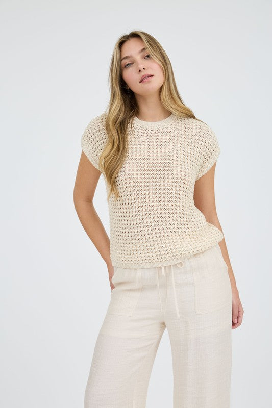 The Layla Crochet Sweater Knit Top – Cream Ivory